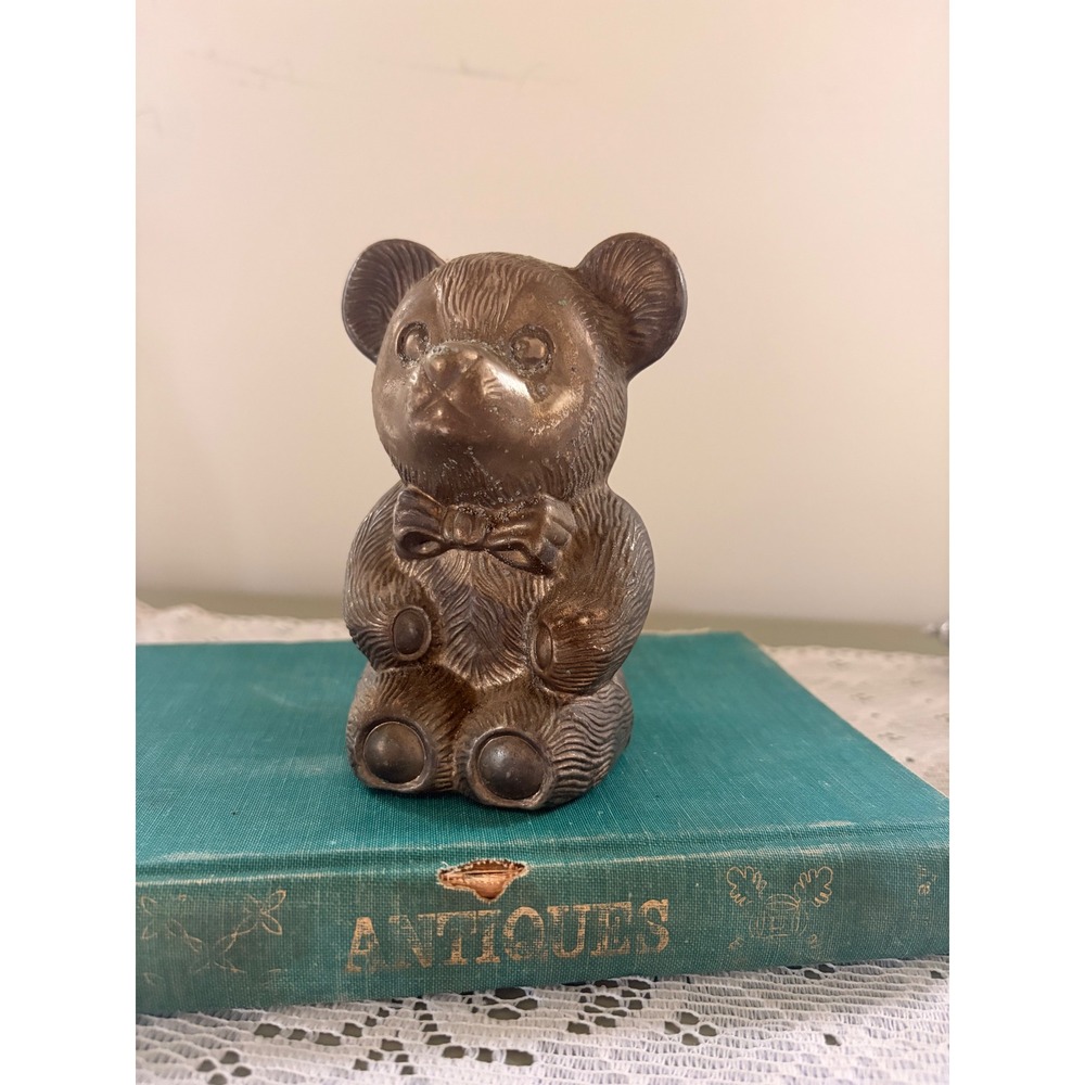 Vintage Leonard Silver Plated Teddy Bear Coin Bank Bow Tie Nursery Decor